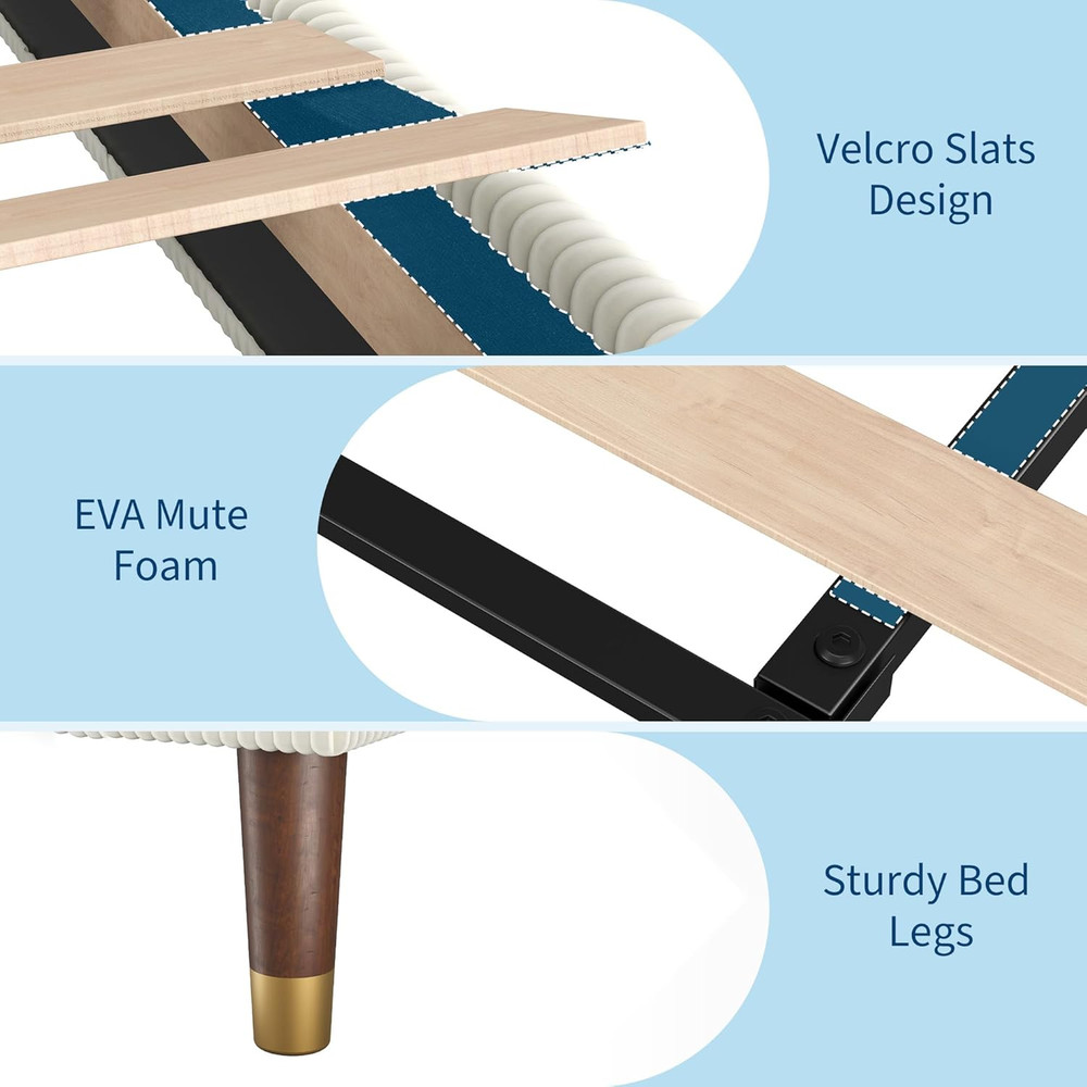 Beige Upholstered Full Bed Frame, Noise-Free, Easy Assembly