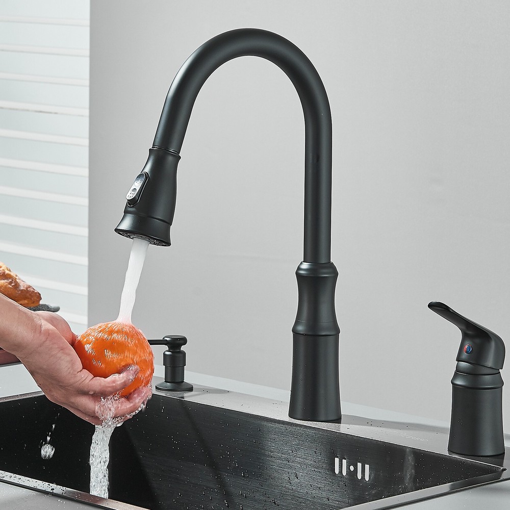 Matte Black Kitchen Faucet Swivel Pull Down Sprayer With Soap Dispenser