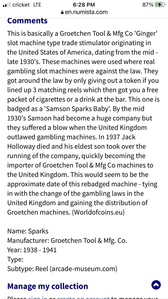 Cigarette Token - Sparks - United Kingdom