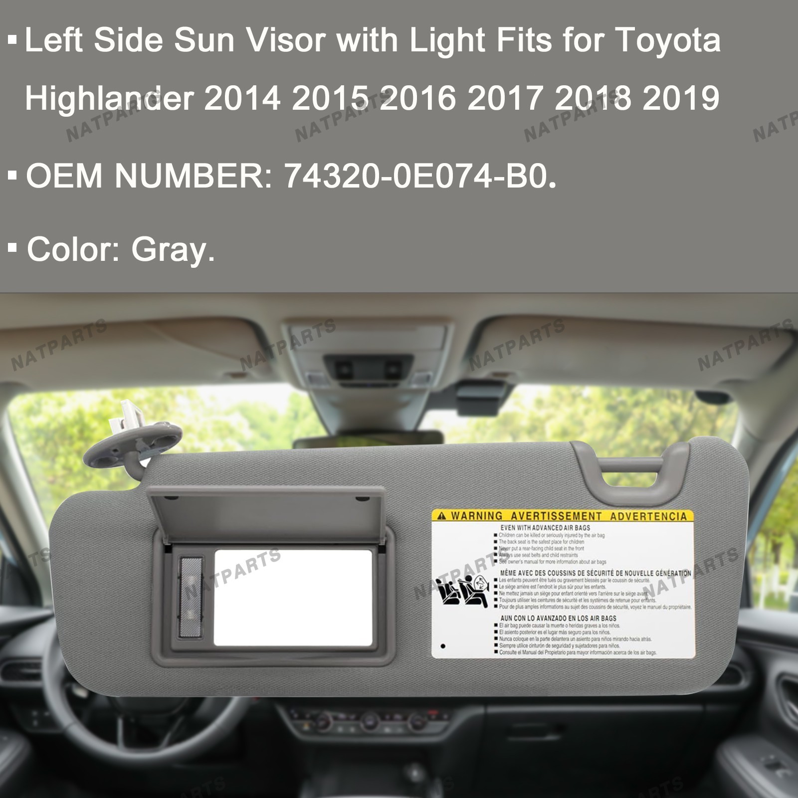 Left Driver Side Sun Visor w/ Light for 2014-2019 ToyotaHighlander74320-0E074-B0