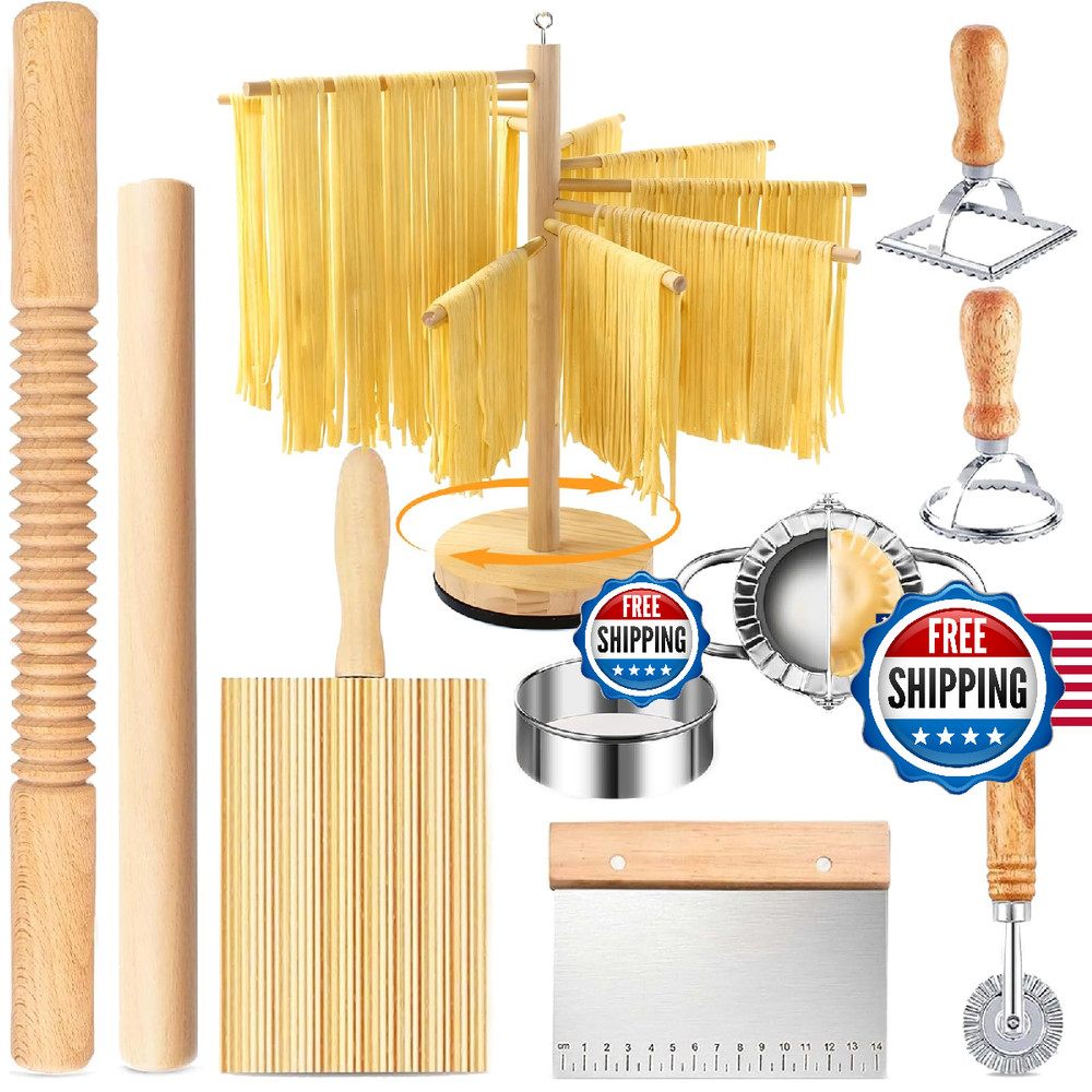 10 Pcs Pasta Making Tools, Pasta Making Kit with Pasta Drying Rack,2 Rolling Pin