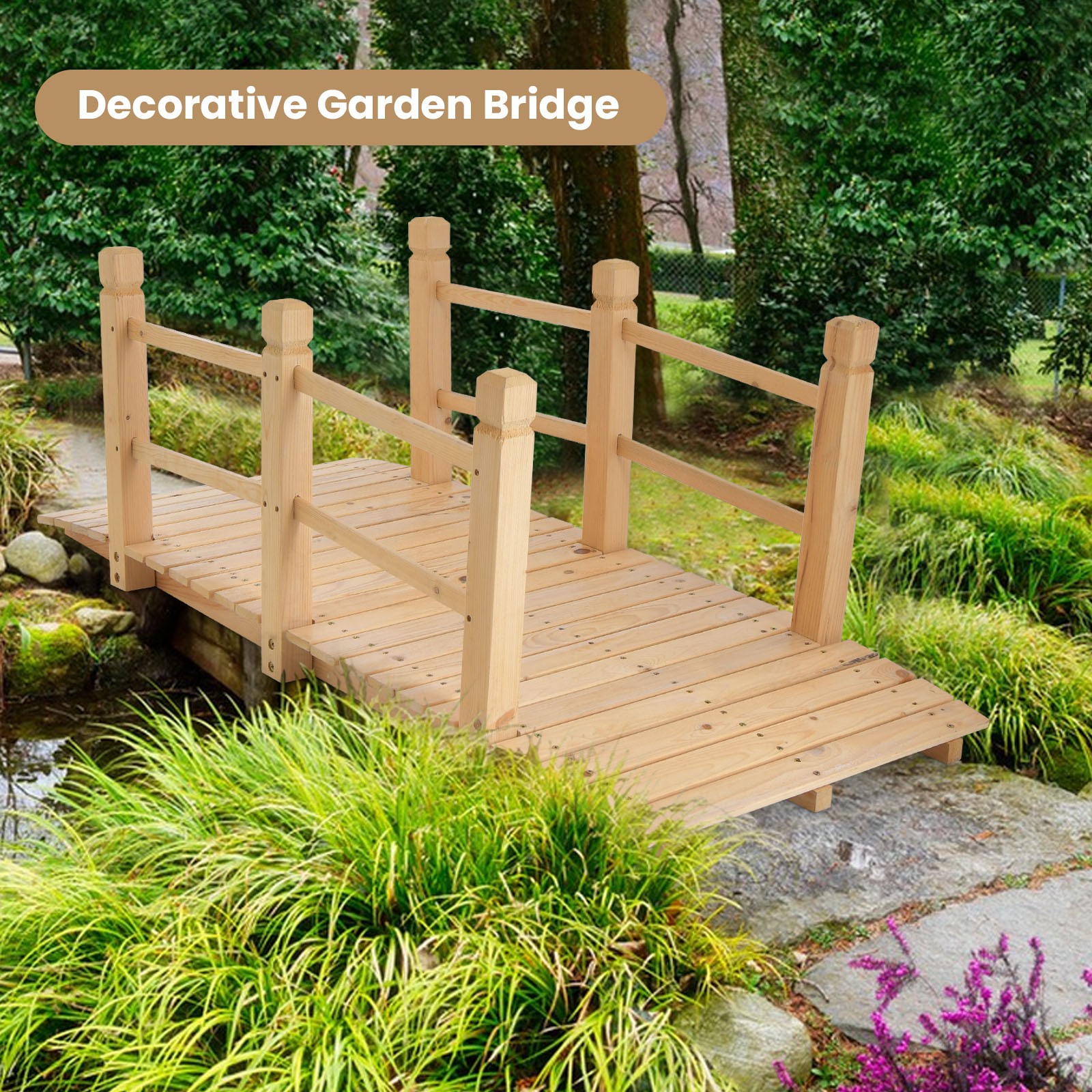 5 FT Wooden Garden Bridge Decorative Landscaping Footbridge w/Rails Natural