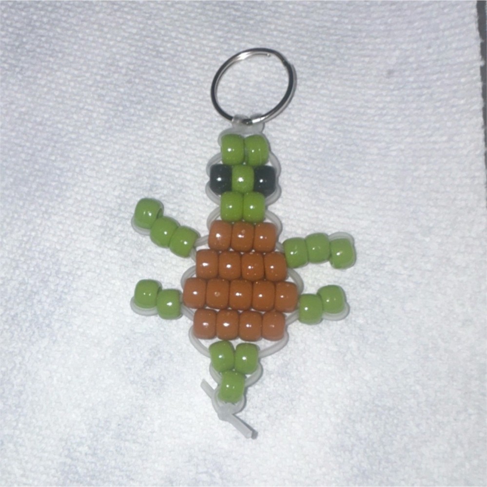 Handmade Handcrafted Beaded Turtle Keychain Green Brown Decorative Accessory