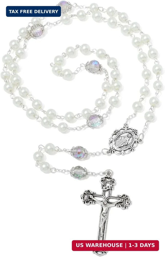 KOMI 6 MM Pearl Rosary Beads With Crucifix, Catholic Necklace for Women With Vel