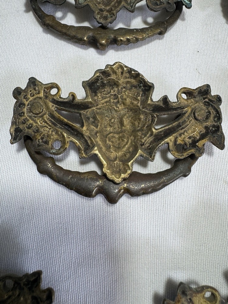 10 Rare Gothic Victorian Devil Face Brass Bail Drawer Pulls (8 Large & 2 Small)