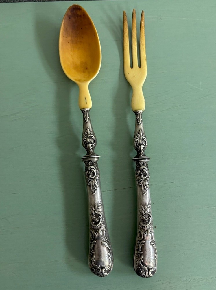 Antique silver And Horn salad Server fork and spoon (signed)
