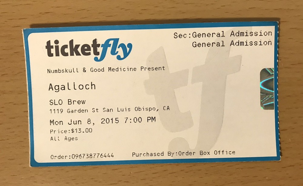 2015 AGALLOCH SLO BREW SAN LUIS OBISPO CONCERT TICKET STUB THE MANTLE WHITE