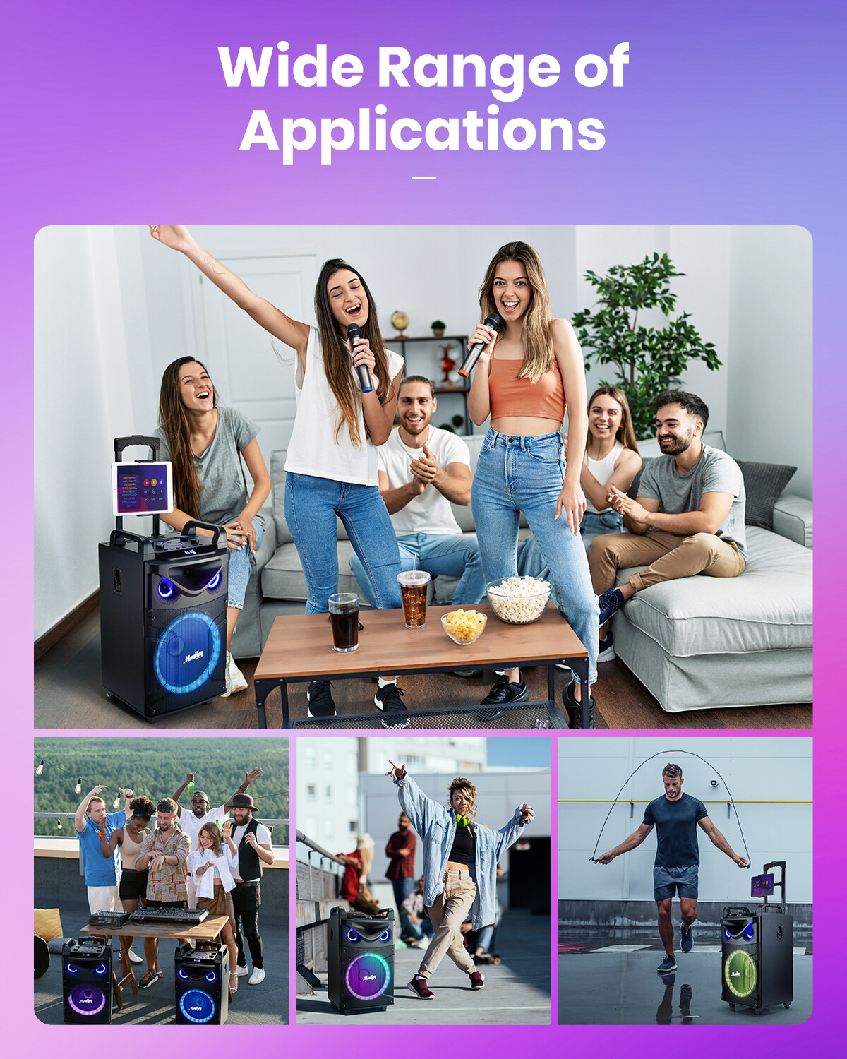 Moukey Portable Party Speaker 160W Bluetooth Singing Machine + 2Pcs Wireless Mic