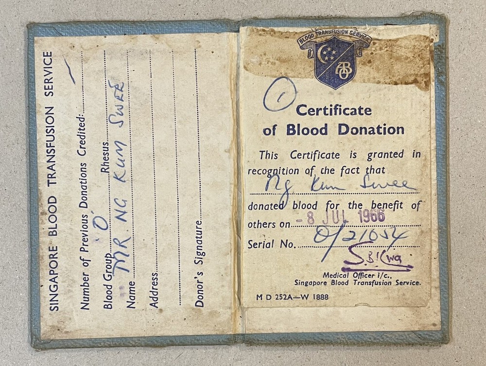 1966 Singapore Blood Transfusion Donor Certificate overseas Chinese document 華僑