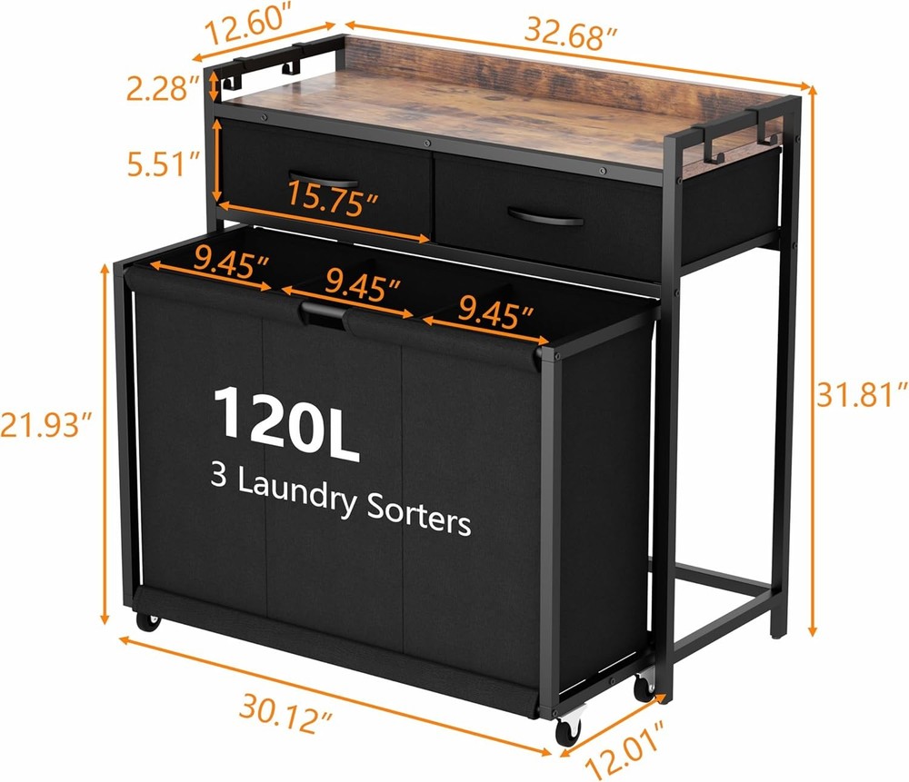 Laundry Hamper Laundry Basket with 3 Section Pull-Out Rolling Bags, Laundry Sort