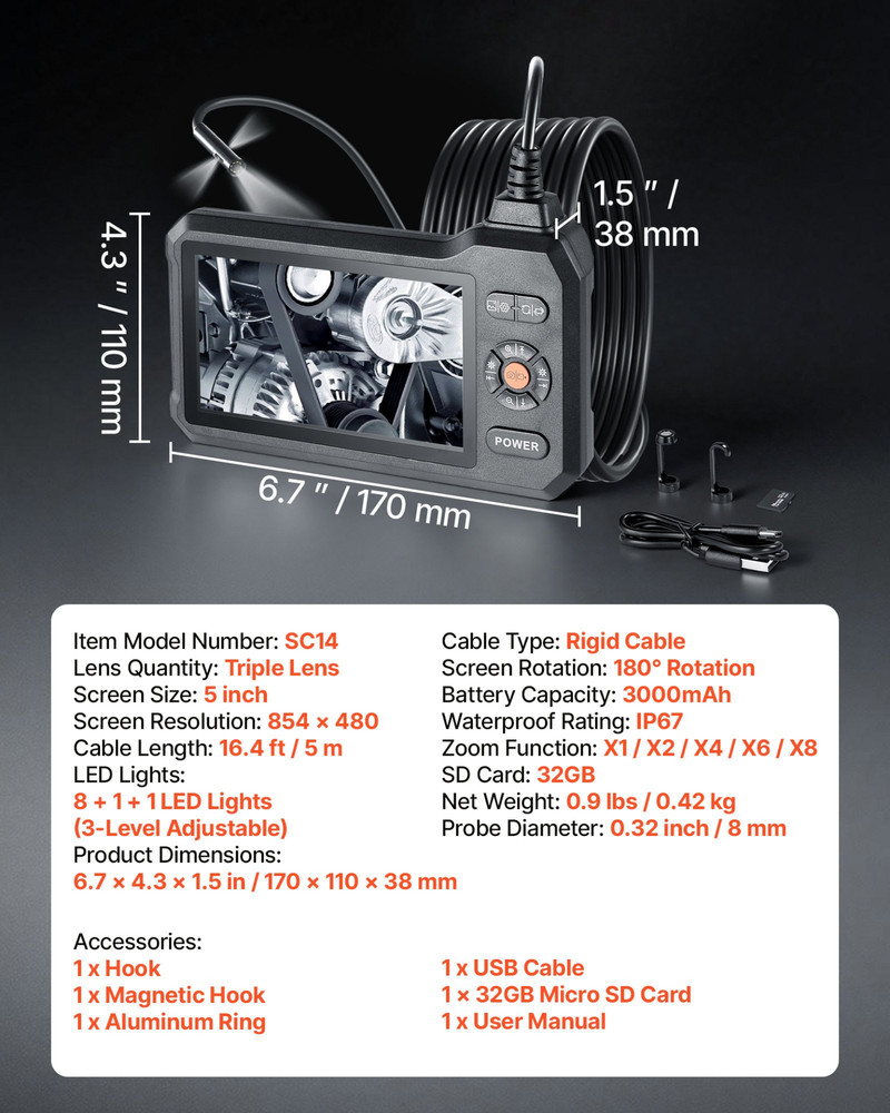 Triple Lens Endoscope 16.4FT Cable 5" Screen Borescope Camera IP67 HD