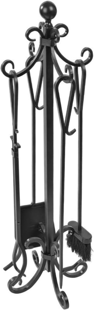 5-Piece Black Fireplace Tools Set with Log Holder - Rustic Antique Accessories