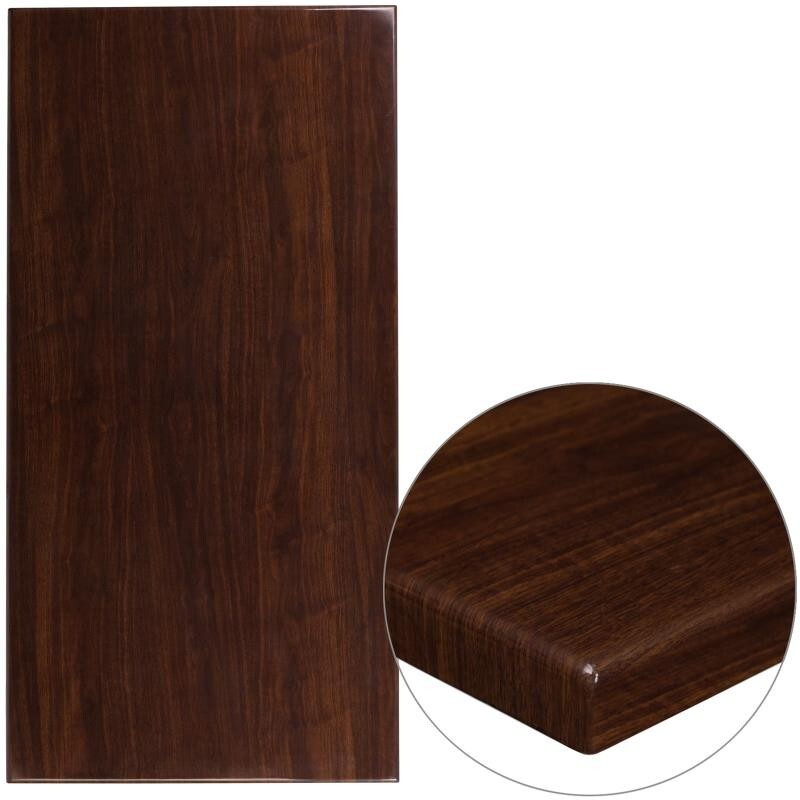 30" x 60" Rectangular Resin Restaurant Table Top in High-Gloss Walnut Finish