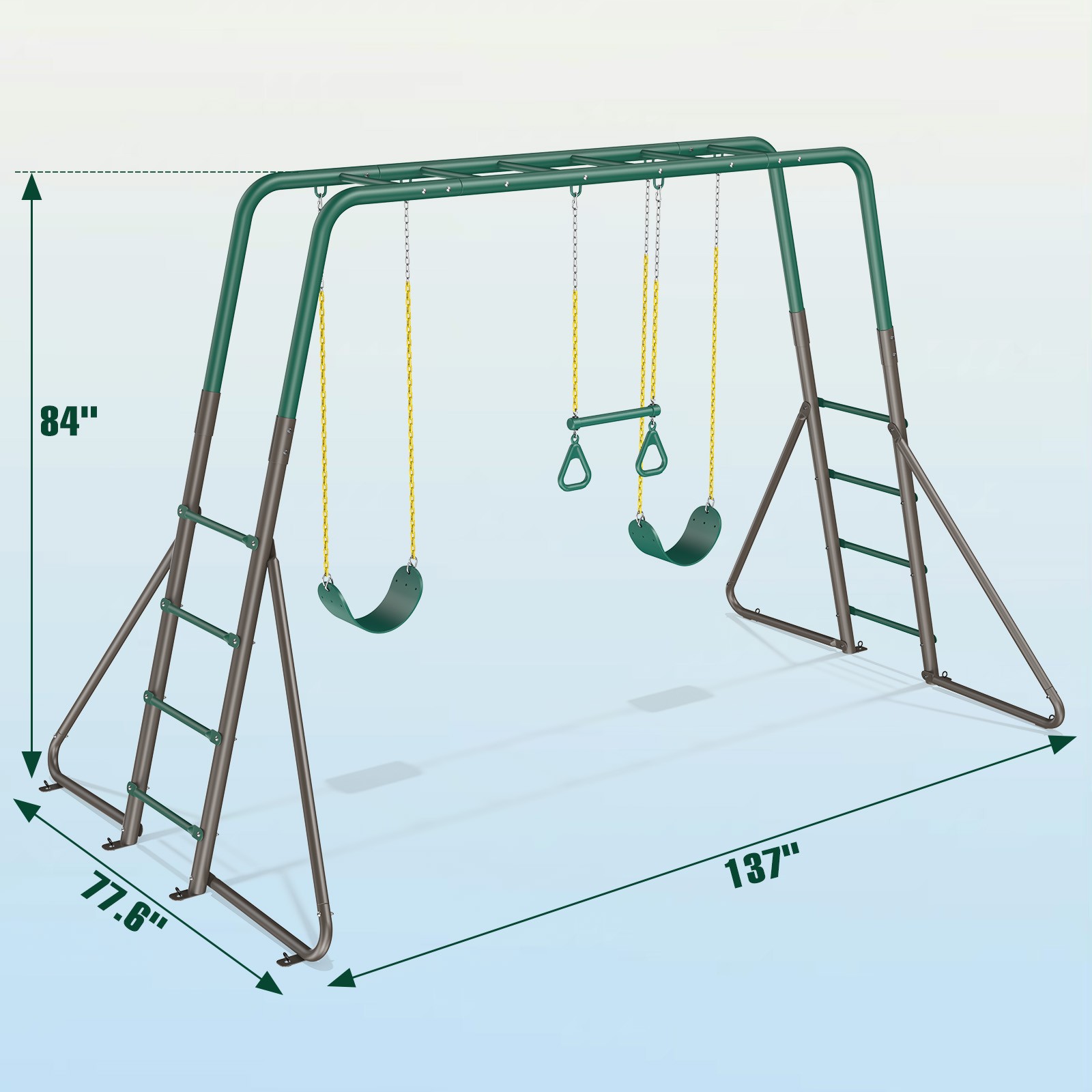 Metal Swing Sets Playground Set for Kids with 2 Belt Swings, Monkey Bars Outdoor
