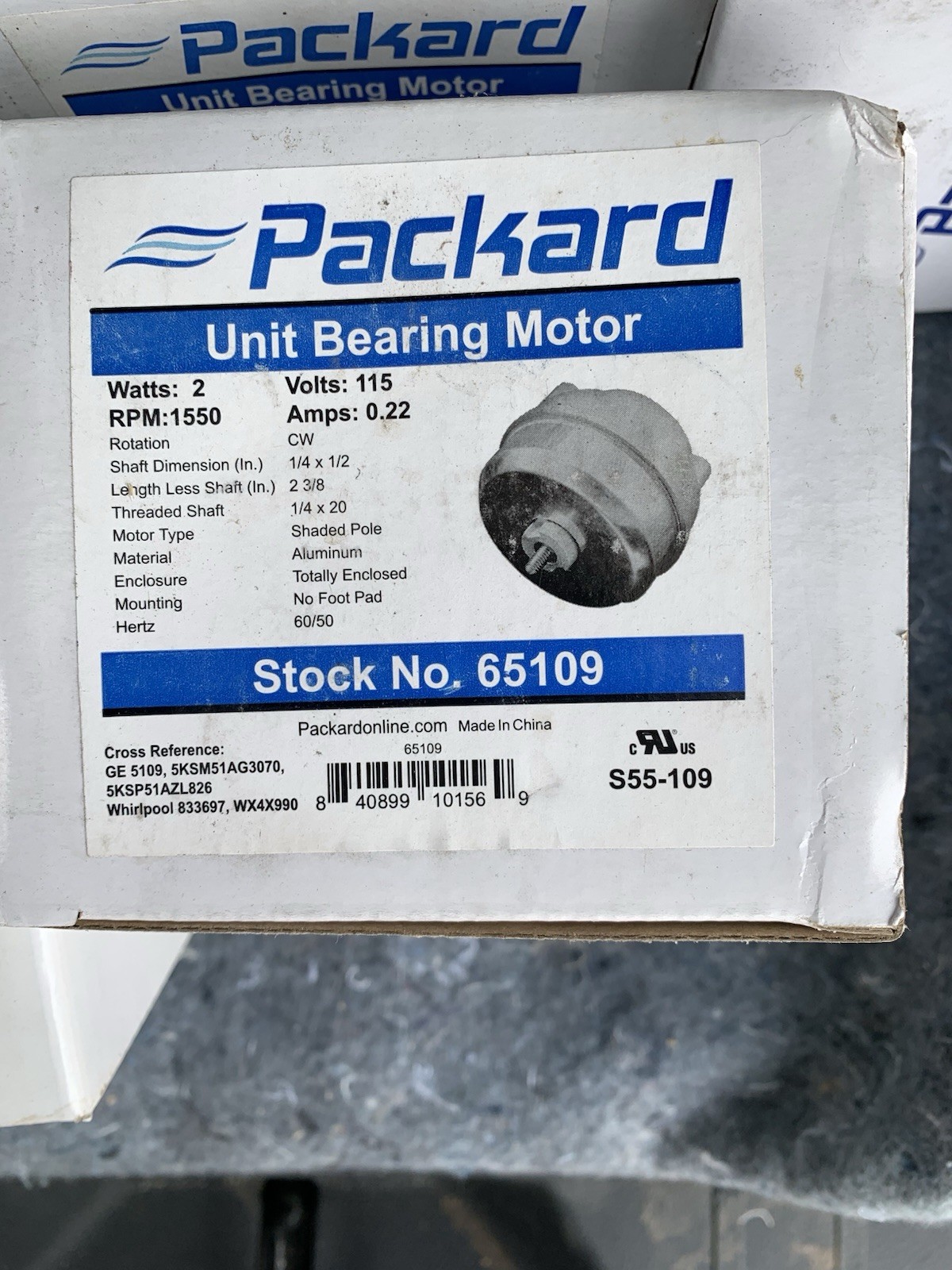 PACKARD UNIT BEARING FAN MOTOR 65109, Water damaged box on bottom of Box.