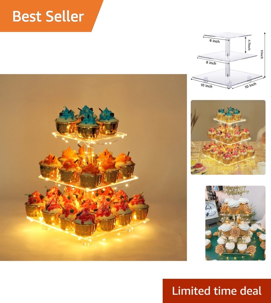 3-Tier Clear Acrylic Cupcake Stand with LED String Light - Perfect for Events