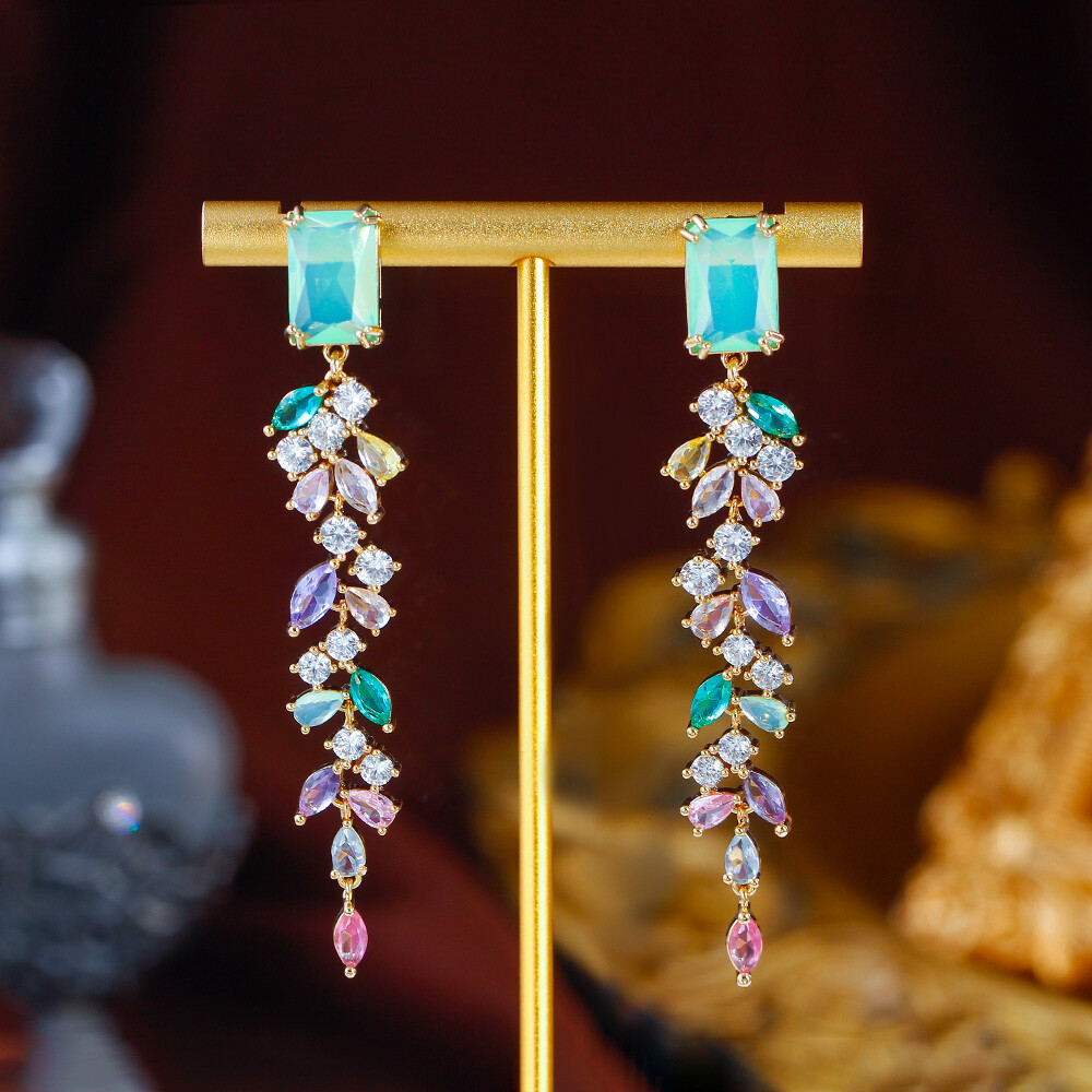 Green Baguette Gold Plated CZ Multicolor Long Leaf Drop Crystal Dangle Earrings