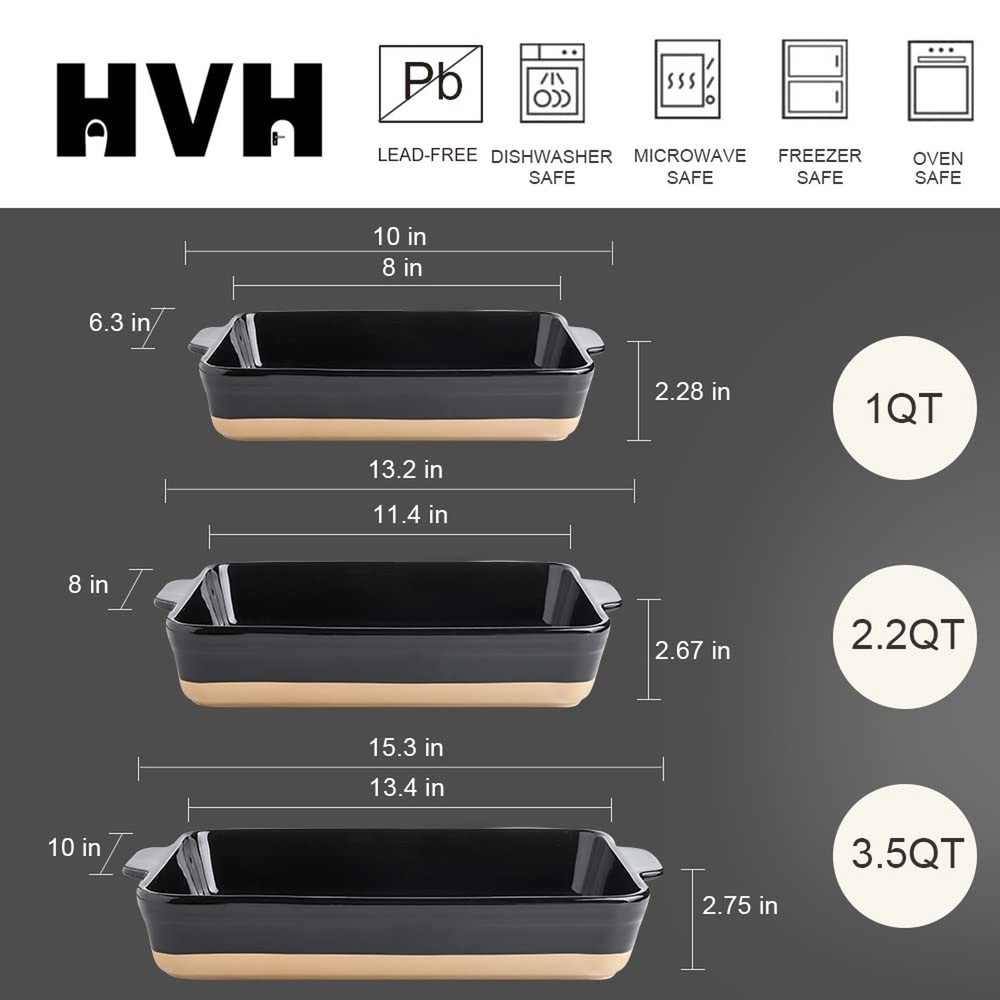 HVH Baking Dish Set, 9x13 Baking Dish, Ceramic Lasagne Pan Deep, Large Casser...
