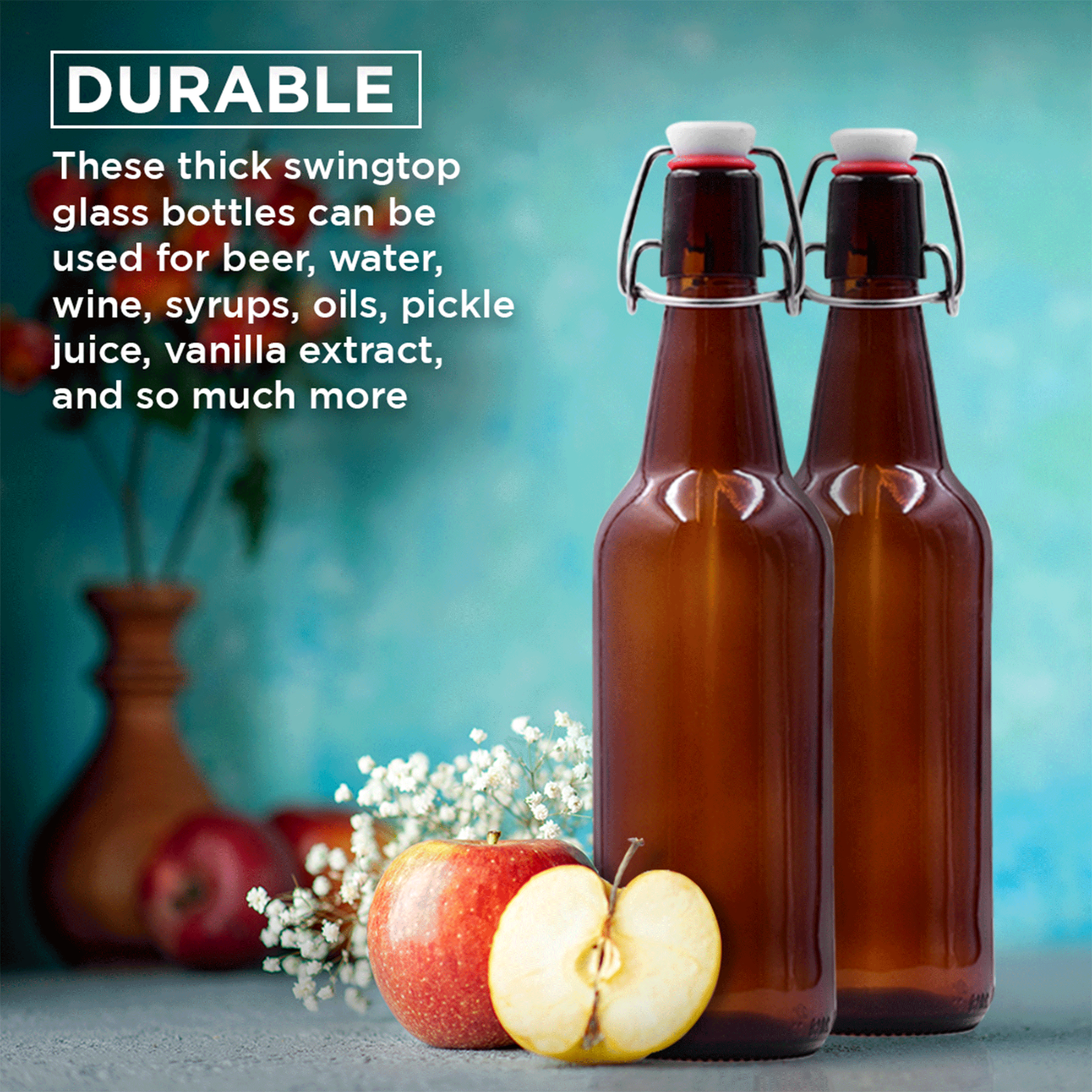 Nevlers 16 Oz. Airtight Glass Swing Top Beer Bottles - Amber Glass (Pack of 12)