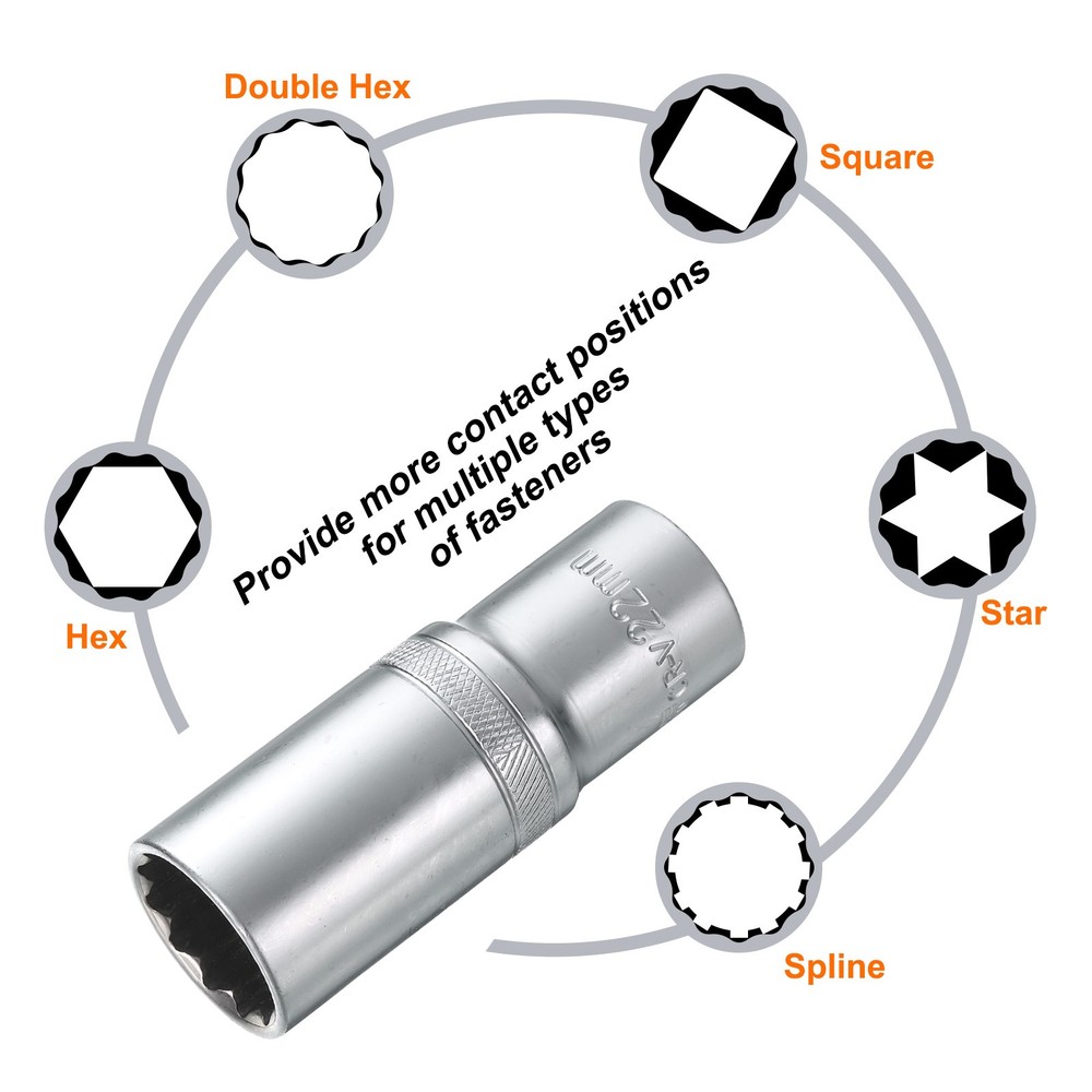 1/2" Drive by 12mm 12-Point Deep Socket 78mm Length Metric Spline Socket