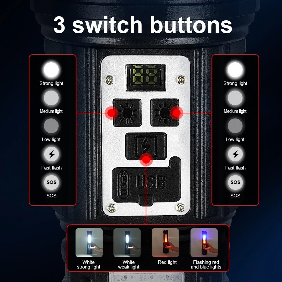 High Power Flashlight Super Big Rechargeable LED Searchlight Long Range Torch