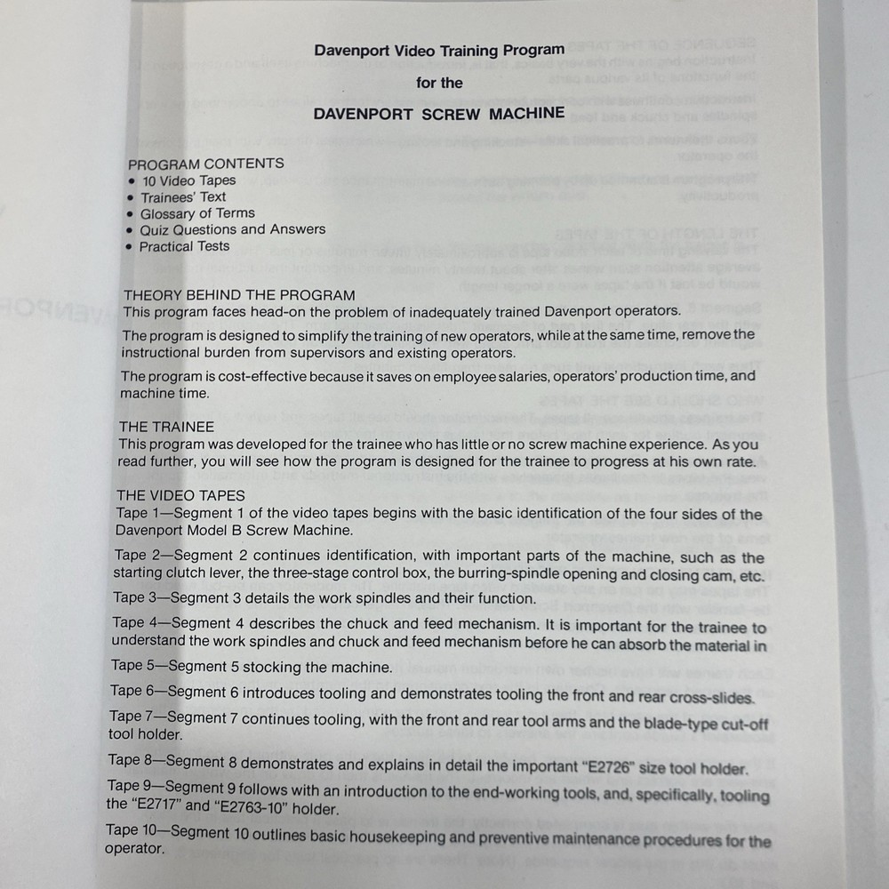 Vtg Davenport 5 Spindle Automatic Screw Machine Operators Training Manual