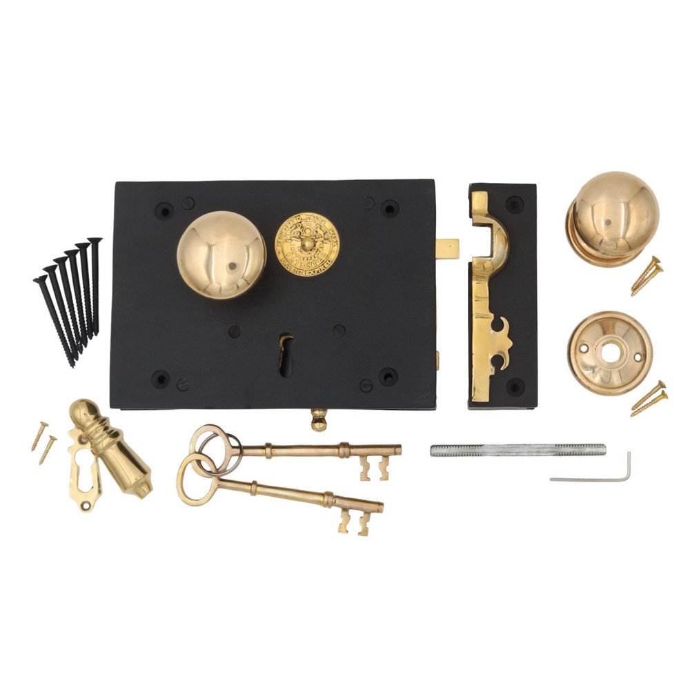 RIGHT HAND Wrought Iron Colonial Carpenters Rim Lock with Brass Knobs