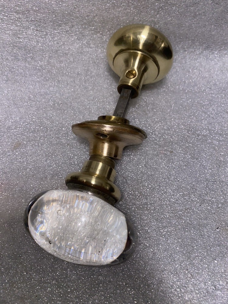 Antique Oval Glass & Brass Door Knobs with threaded original spindle