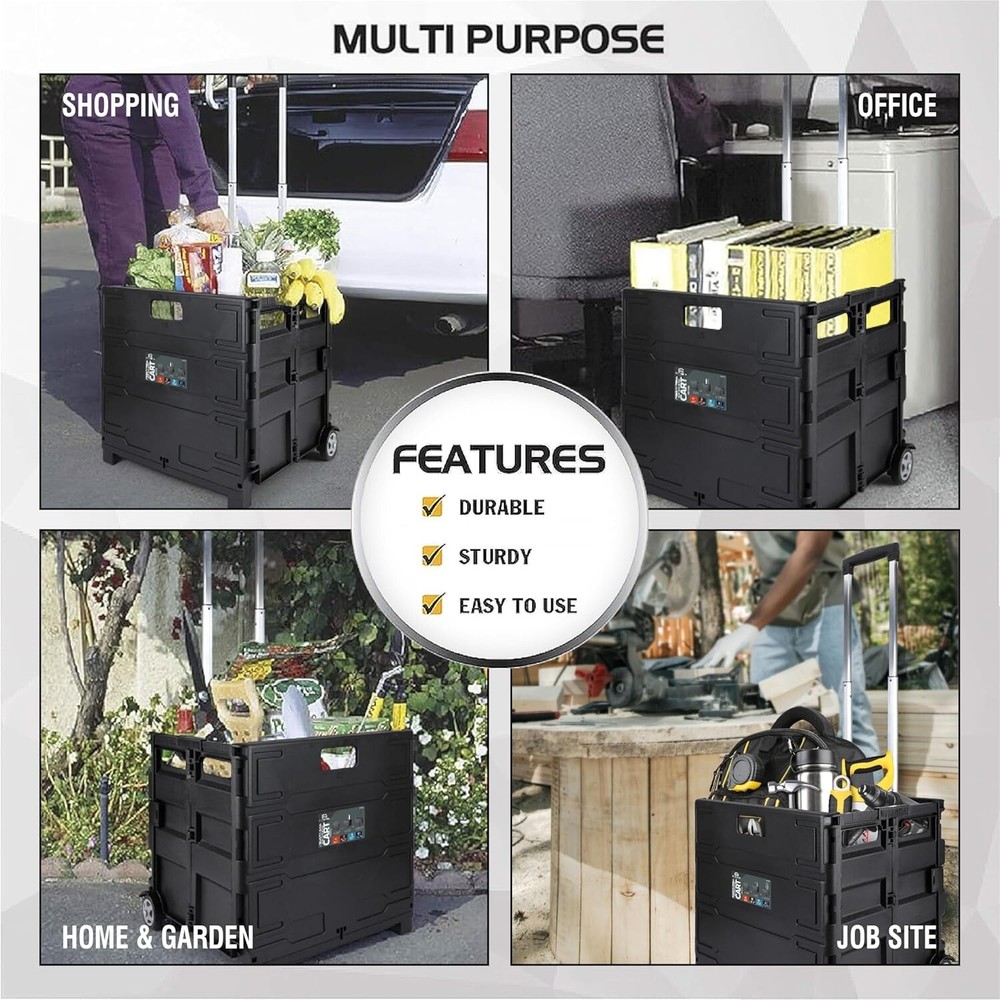 Compact Rolling Utility Cart with Telescopic Handle - 80 LB Capacity, Black