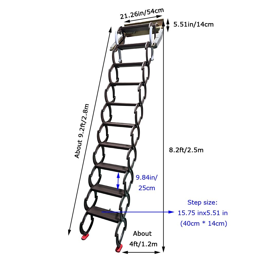 Folding Loft Ladder 10+2Steps Wall Mounted Extension Stairs 8.2-9.2ft Chocolate