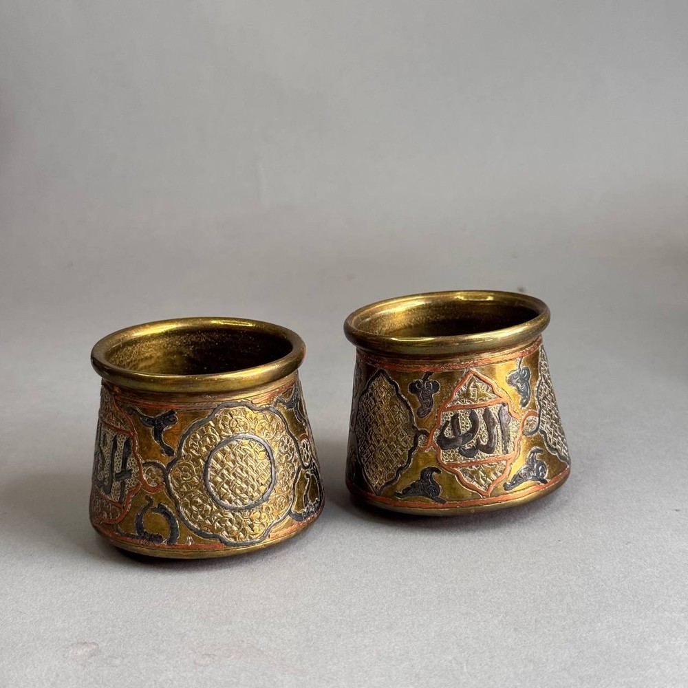 Rare Pair Antique Islamic Brass Spice Jars with Hand-Engraved Arabic Script