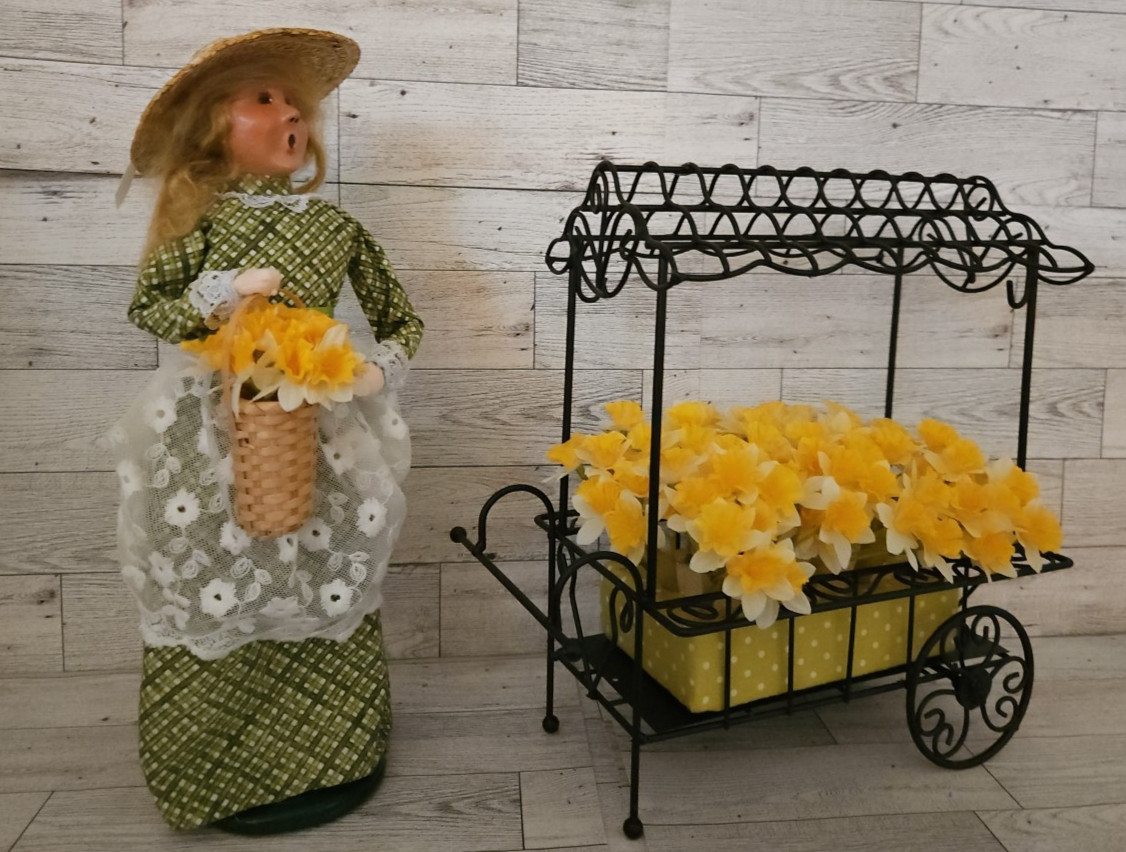 Byers Choice Caroler Signed Lady 15" Tall Daffodils Metal Cart Spring Easter