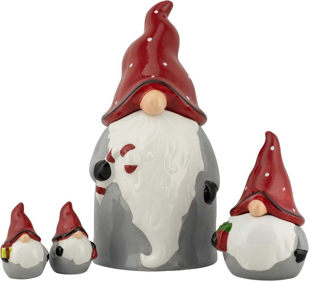 Nordic Gnome Set Cookie Jar, 4 Piece, Gray/Red