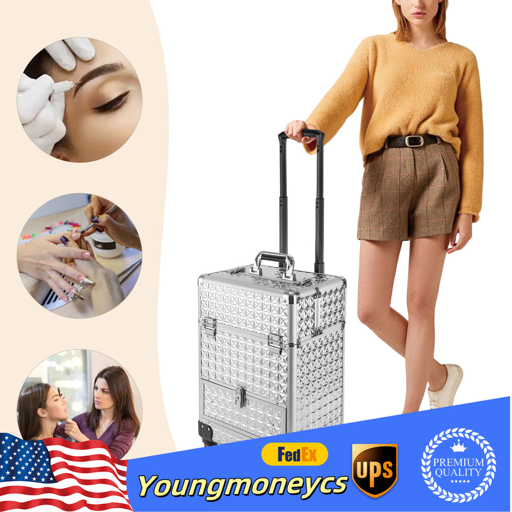 Rolling Makeup Train Case Professional Cosmetic Trolley Makeup Storage Organizer
