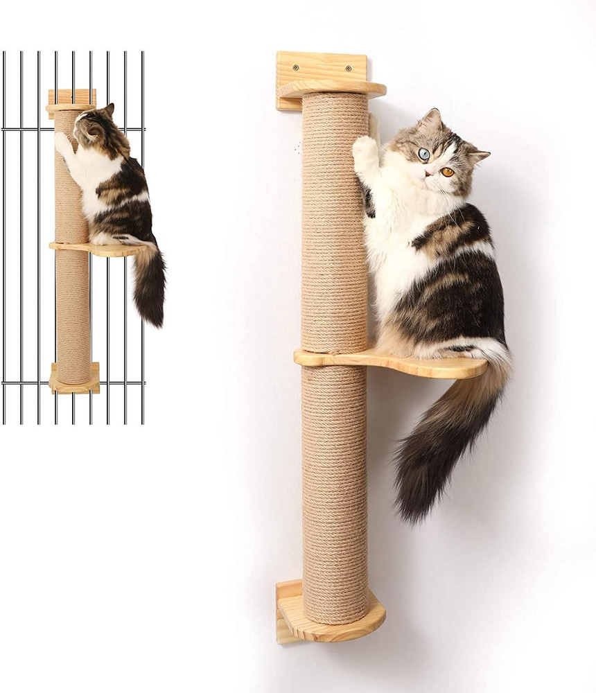 Cat Activity Tree with Scratching Posts, Wall Mounted Jute Scratcher Pine Hammoc