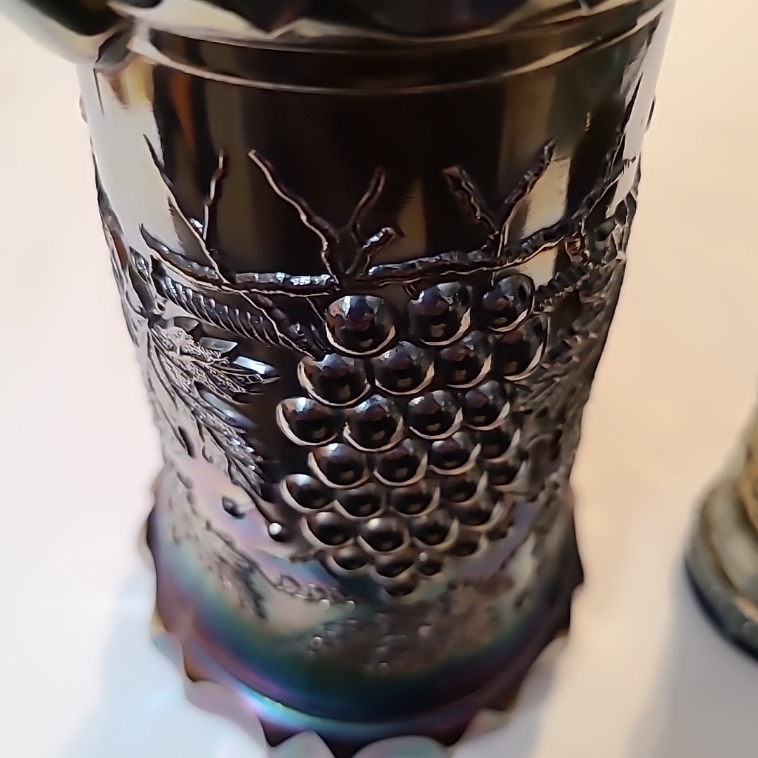 vtgNORTHWOOD CARNIVAL GLASS GRAPE & CABLE WHISKEY DECANTER & SHOT GLASS AMETHYST