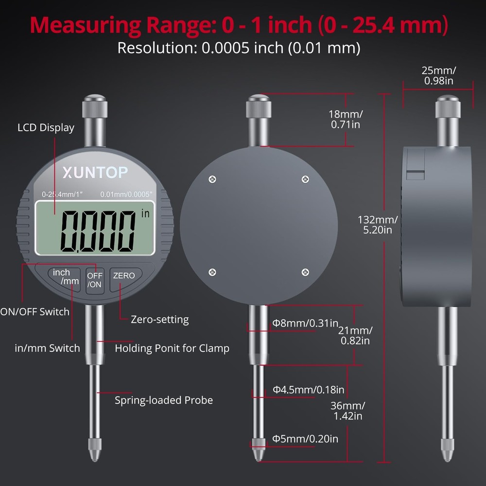 Digital Dial Indicator 1inch/0.0005inch LCD Display Electronic Dial Test Indi...