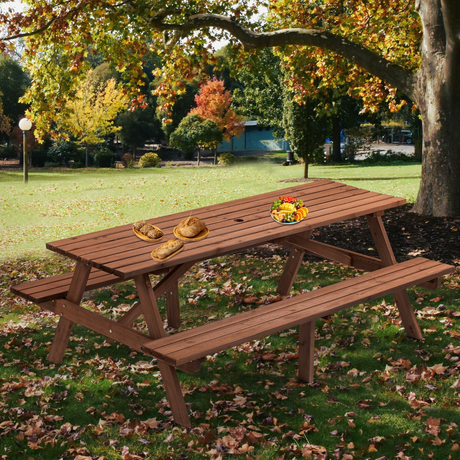 Durable Wooden Picnic Table 8-Seater with Umbrella Hole Weather-Resistant Brown