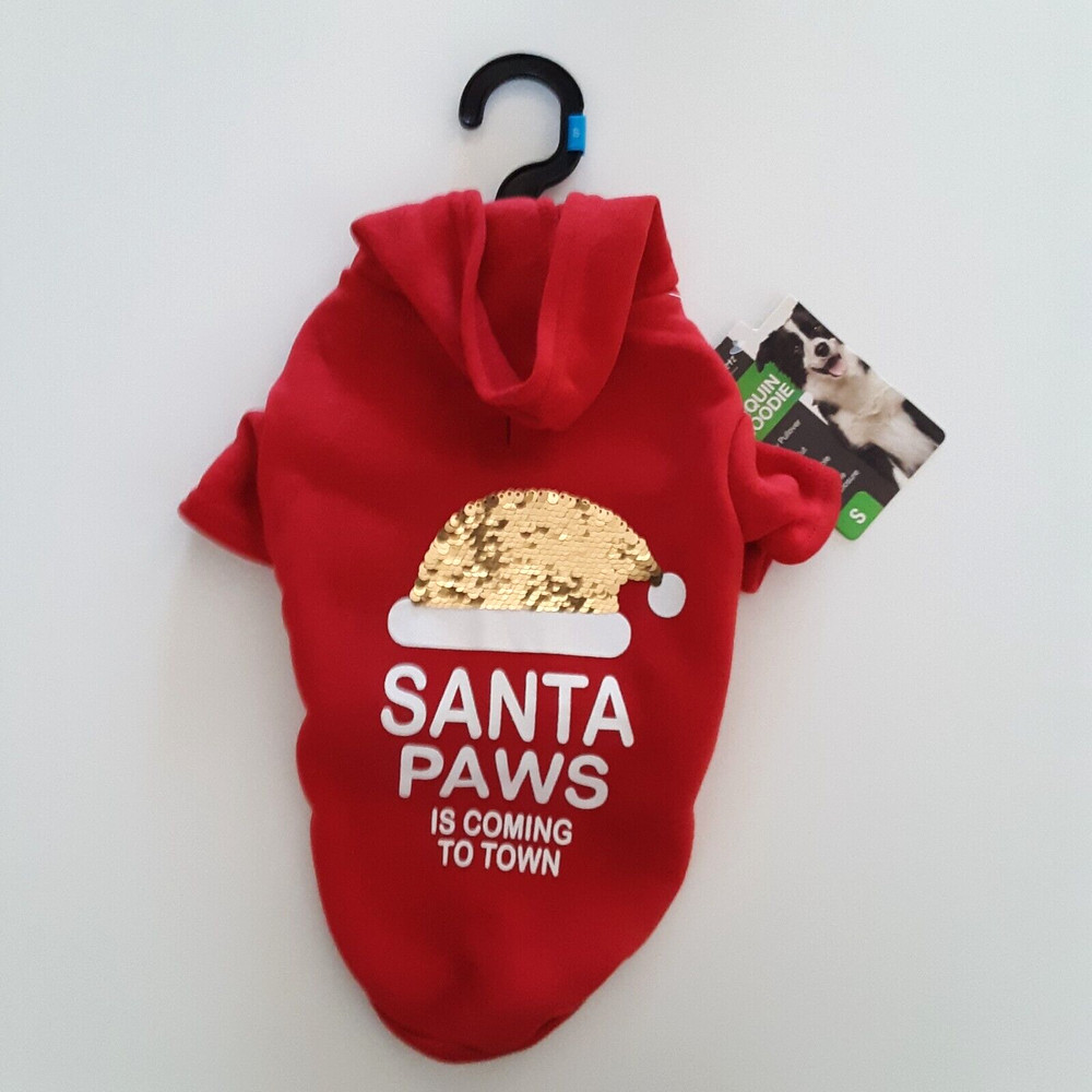 Unique Petz Size S Christmas Santa Paws Hoodie Pullover Jacket Red Sequin