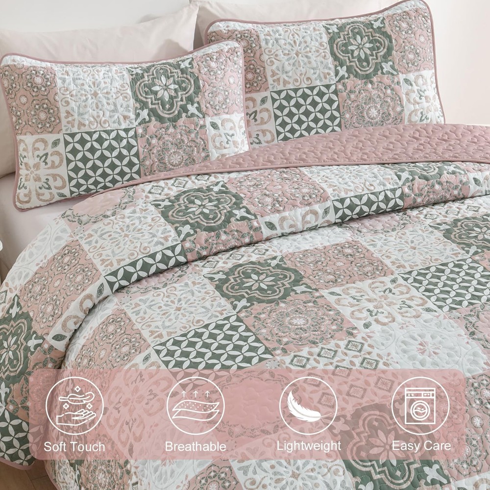 Dobuyly Blush Quilt Set Queen Size, Boho Patchwork Plaid Queen, Pink