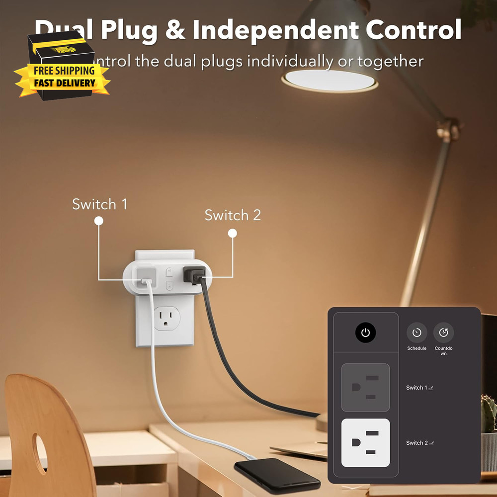 Smart Plug 15A, Wifi&Bluetooth Outlet Extender Dual Socket Plugs Works with Alex