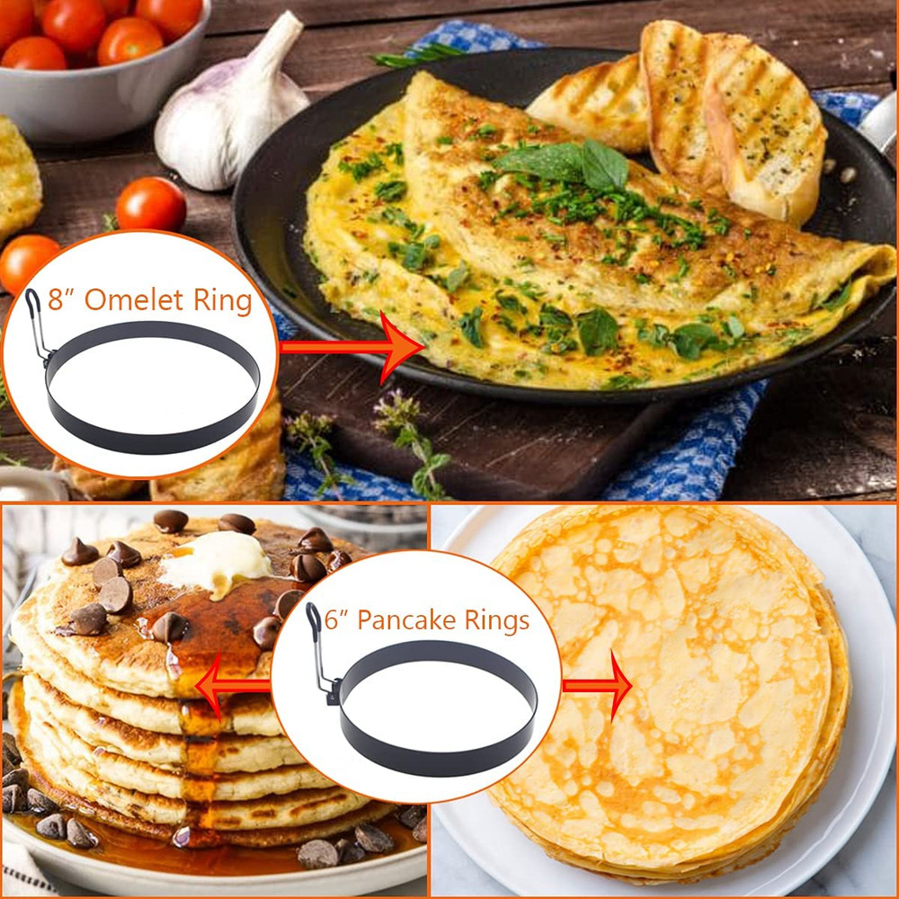 Stainless Steel Egg Cooker Set - 8" Omelette Ring, 6" Pancake Ring, 4" Griddle E