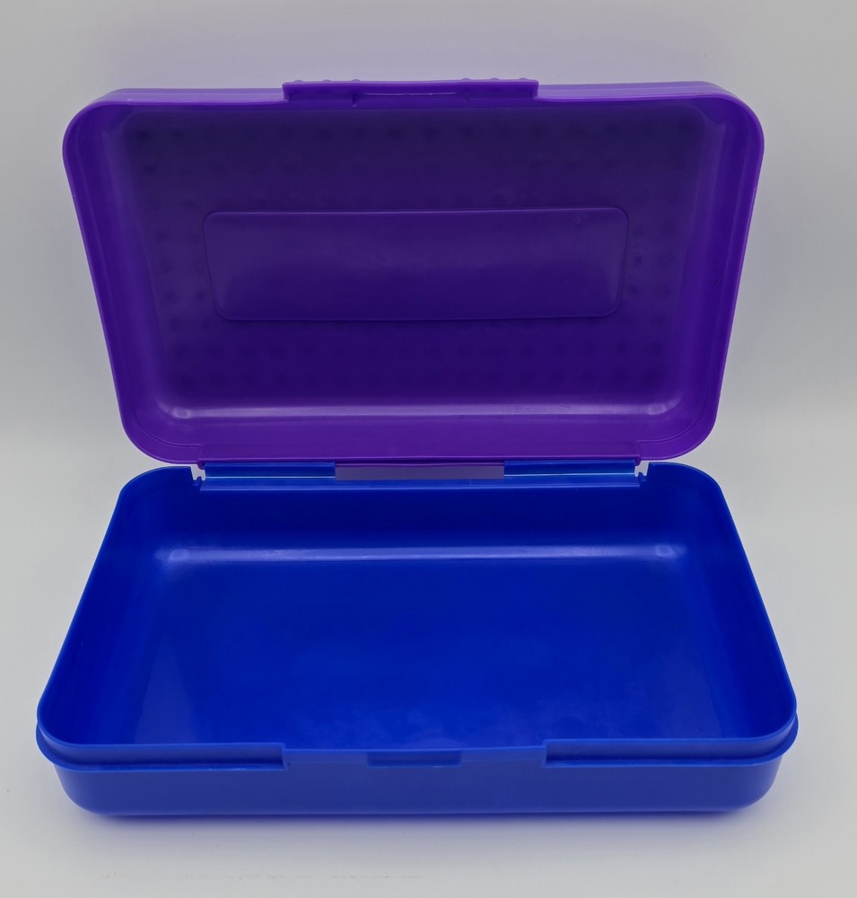 Vintage SpaceMaker Plastic Pencil Box Storage Case Purple & Blue 90s