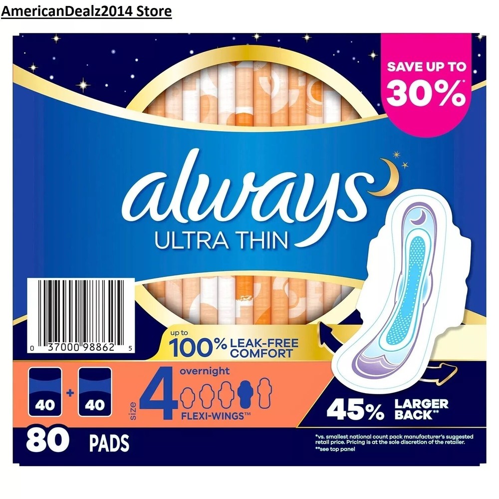 Always Ultra Thin Overnight Pads with Flexi-Wings, Unscented - Size 4 (80 ct.)
