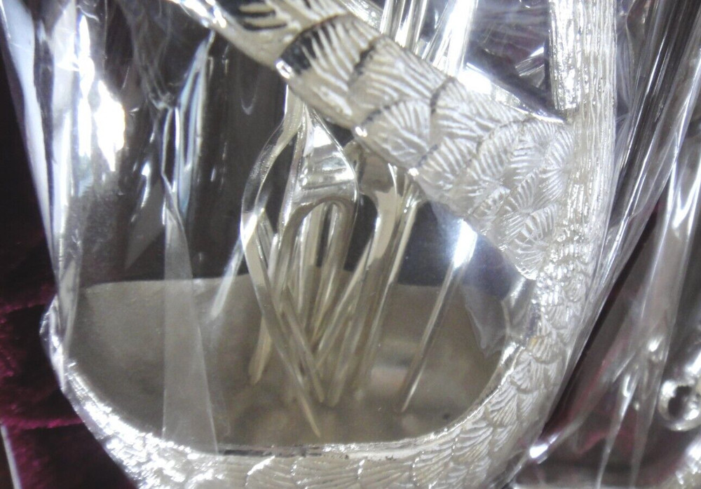 🆕6-pc MINI FORKS SET Silver plated 2-prong Aperitives Flatware SWAN STAND -NEW