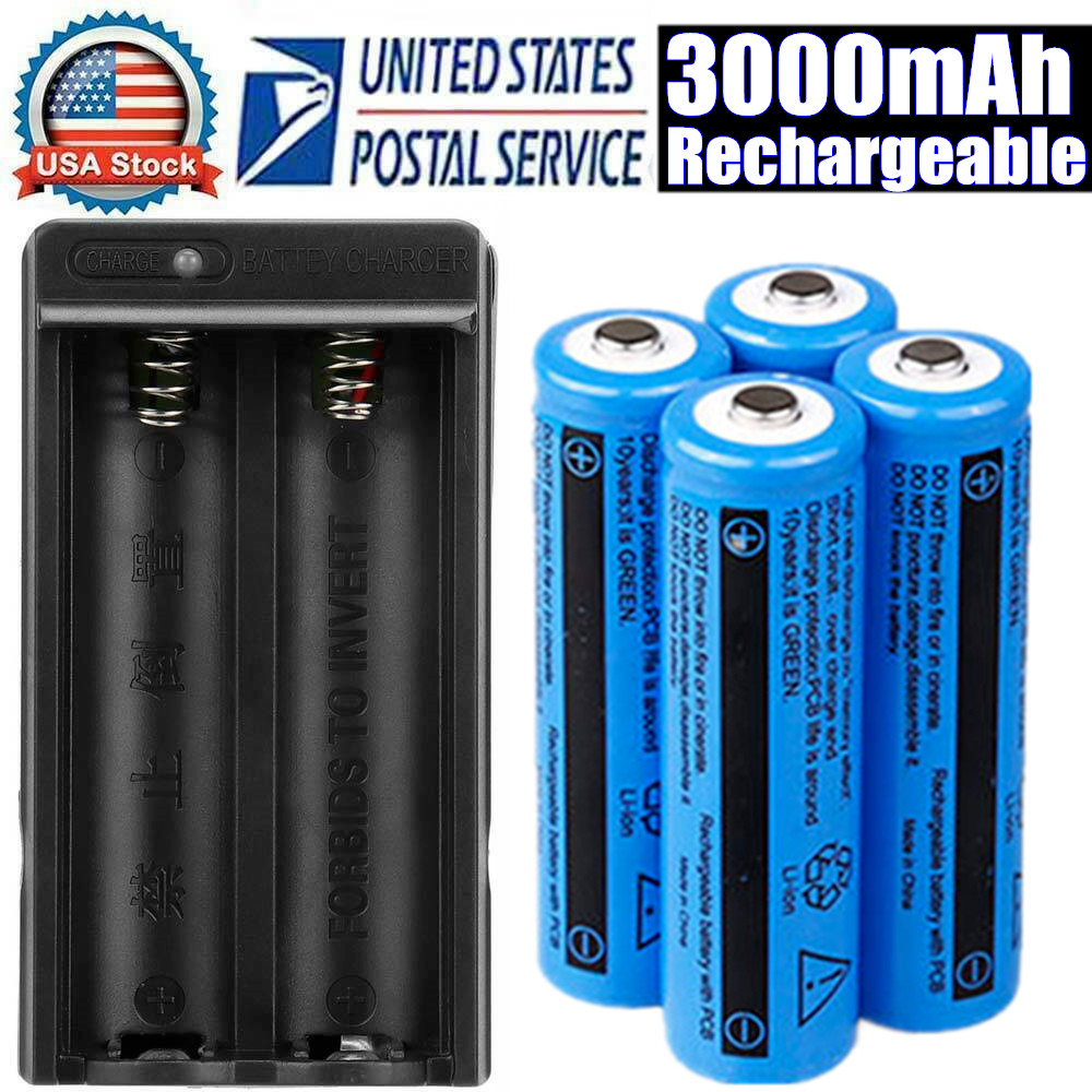 4pcs 3000mAh Batteries 3.7V Rechargeable Battery & Charger for Flashlight Torch