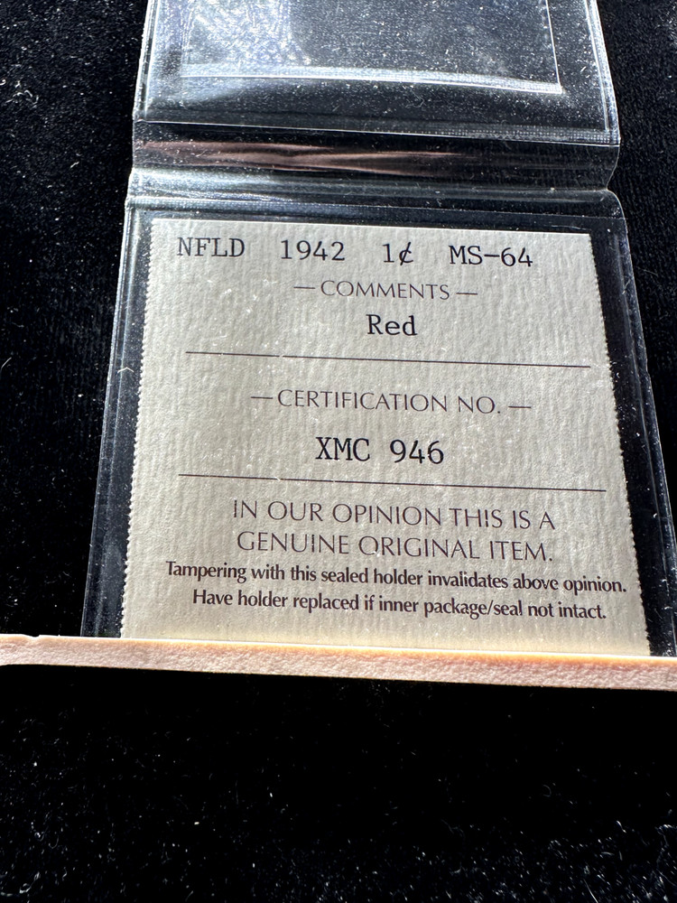 1942 ICCS Graded Newfoundland Small ¢1 Cent **MS-64** Cert# XMC 946