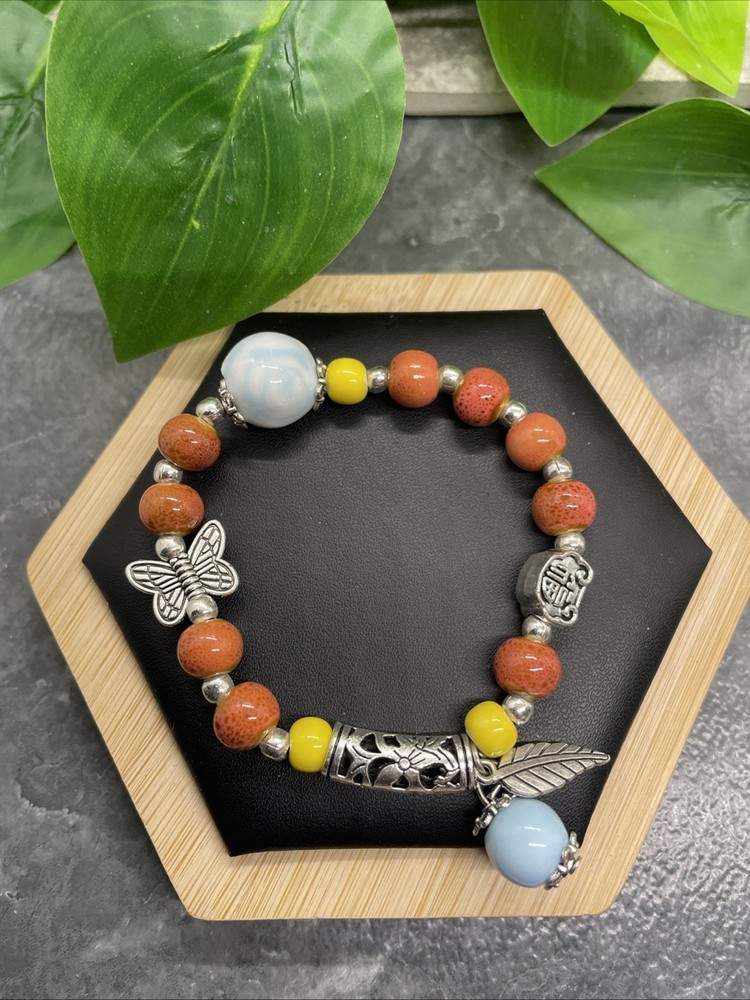 Handmade Ceramic Bead Beaded Stackable 6.5” Plus Stretch Bracelet New B304