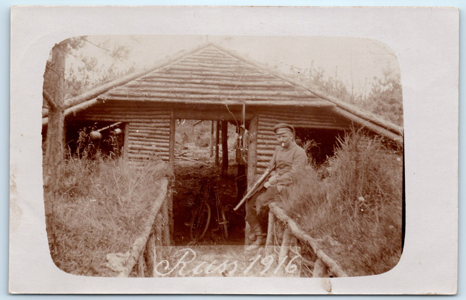 WWI German Soldiers Bicycle Rifle Bunker Eastern Front Real Photo Postcard RPPC