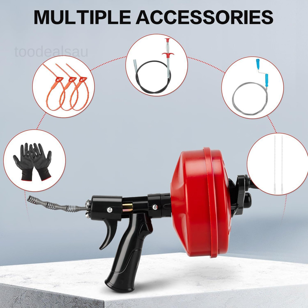 35ft Plumbing Snake Drain Auger with Auto-Retract Function, Red